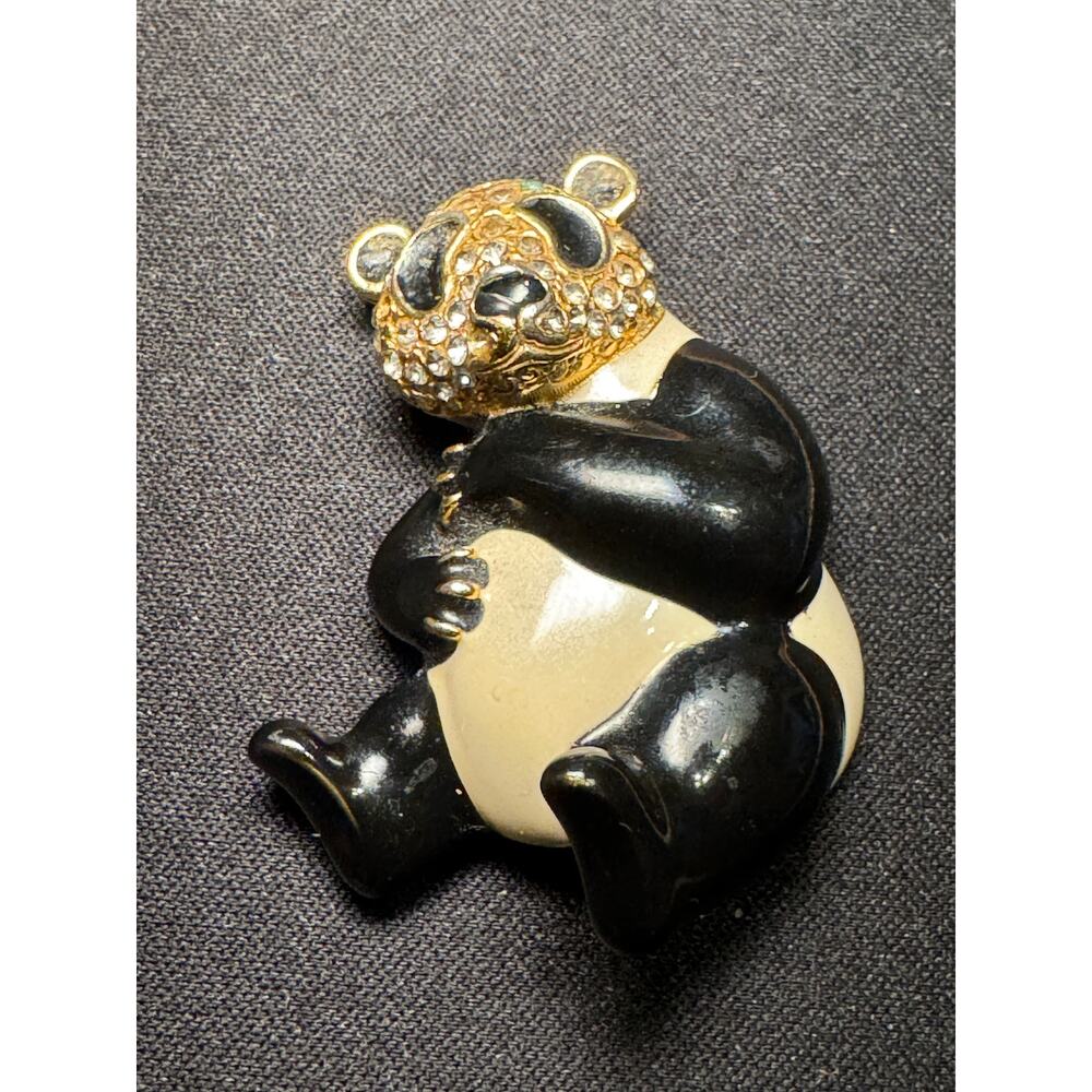 Vintage Enamel & Rhinestone Hugging Panda Bear Brooch